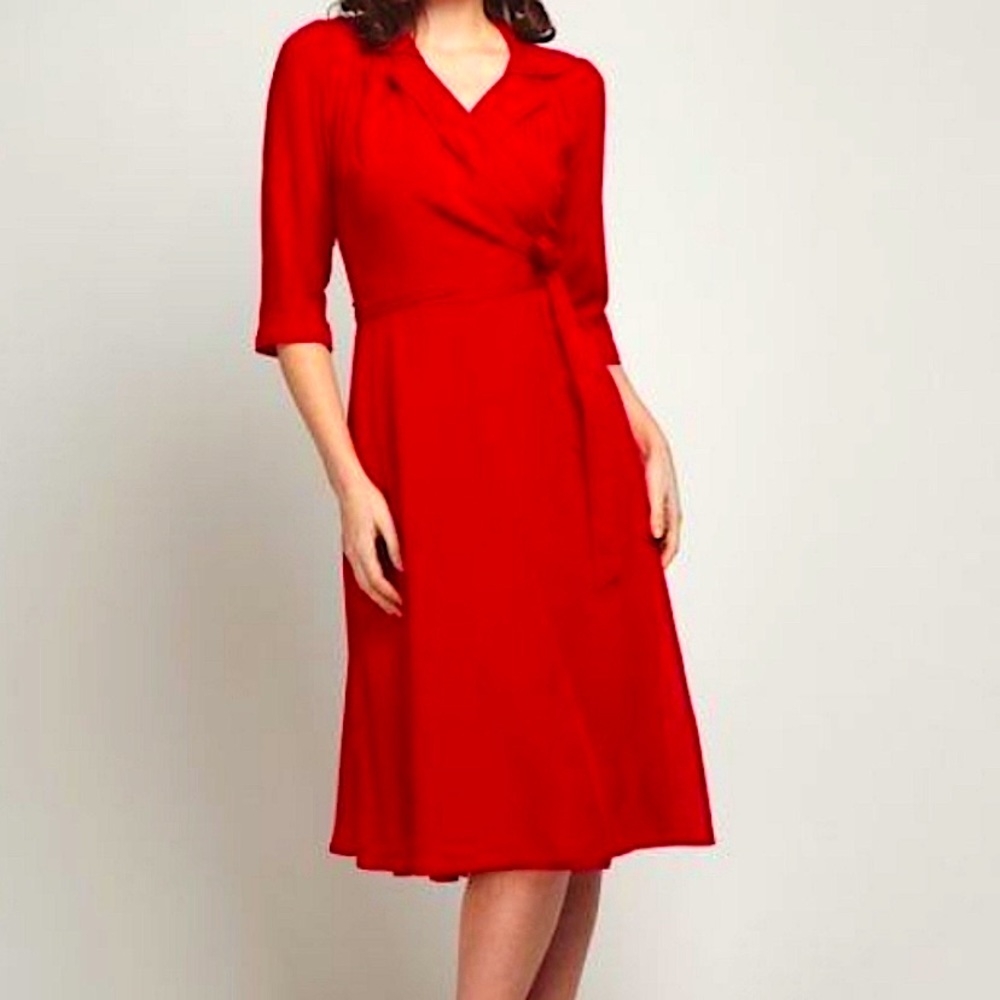 ModCloth Collectif - Teresa red wrap dress with 3/4 sleeves. Size UK 12, M, US 8